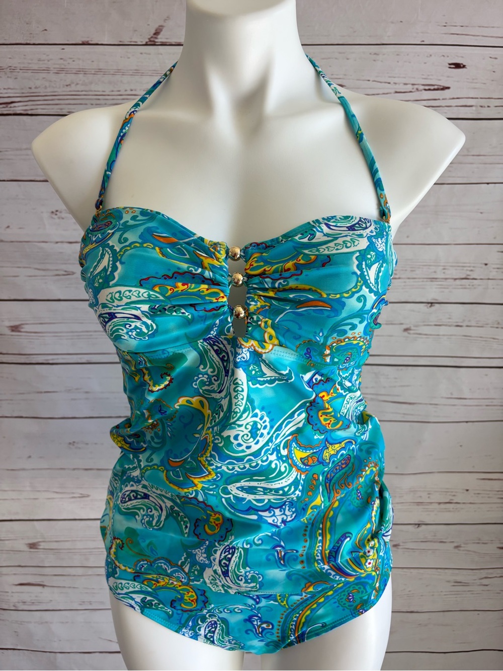 Ralph Lauren Carnivale Paisley Bandeau Bandini Tankini Swimsuit Size 8 Turquoise